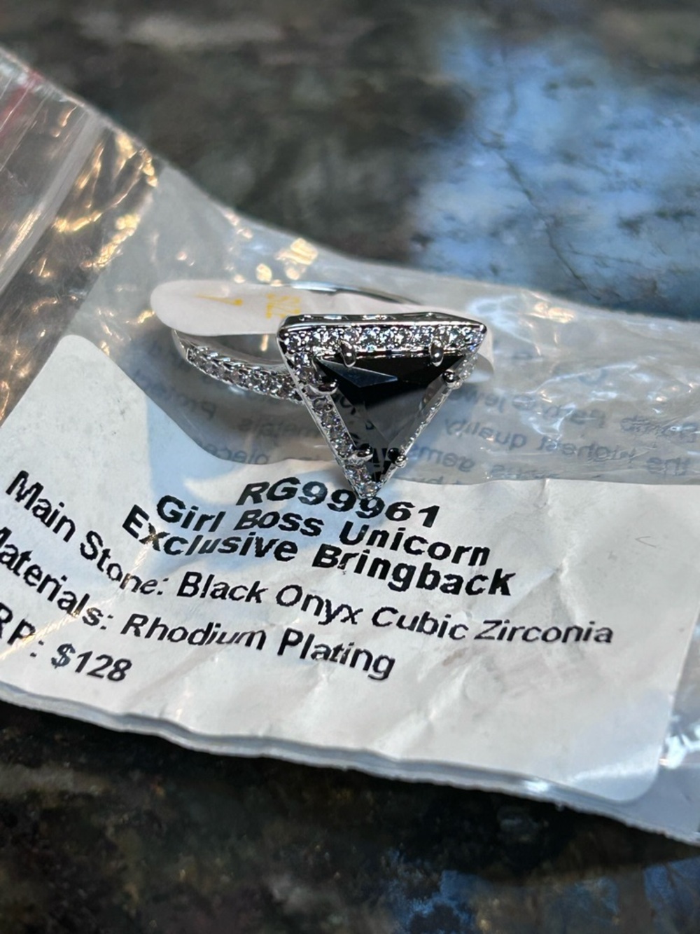 Girl Boss Unicorn Black Onyx Triangle Ring - Rhodium Plated